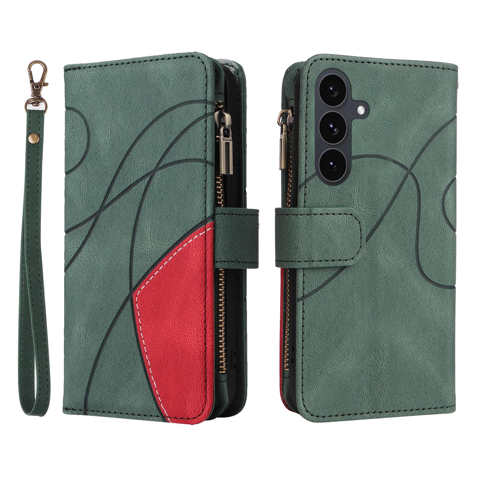 

Кожаный чехол для Samsung Galaxy S25 FE с ремешком, на молнии, с 9 отделениями для карт, чехол-подставка для телефона Green