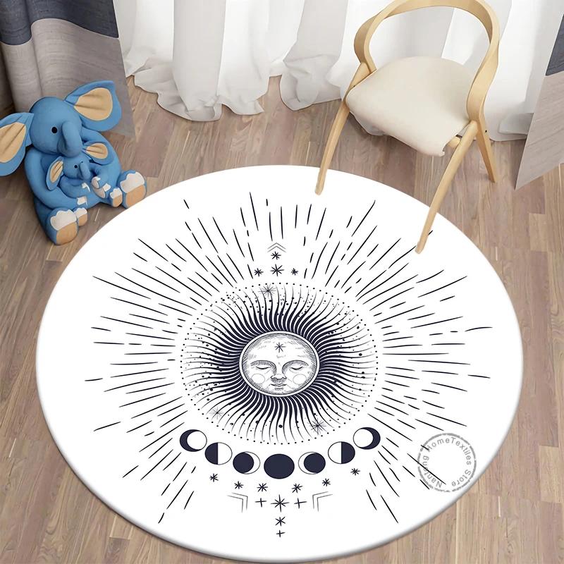 Mystery Constellation Printed Round Carpet Sun and Moon Living Room Rugs Camping Picnic Mats Anti-Slip Yoga Mat for Living Room