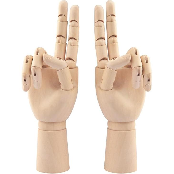 Wooden Hand Model, 2 PCS, 12 Inches Left and Right Hand Art Mannequin Figure with for Hand Jewelry Display, Decoration, Sketching, by GNIEMCKIN.