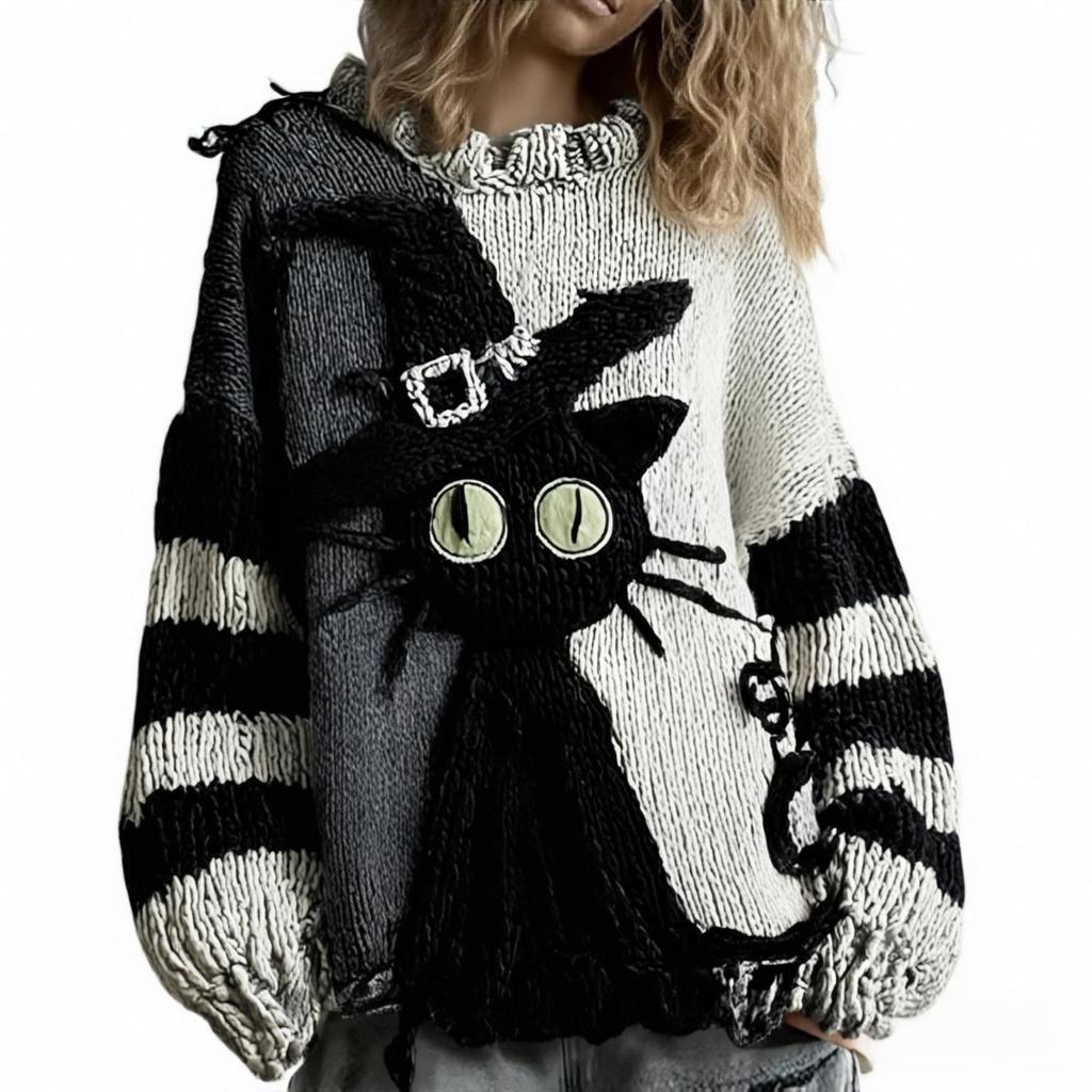 2025 Winter Women's Embroidered Oversized Sweater, Vintage Inspired Knit Pullover with Boho Chic Design, Loose Fit Comfortable Top for Casual Wear