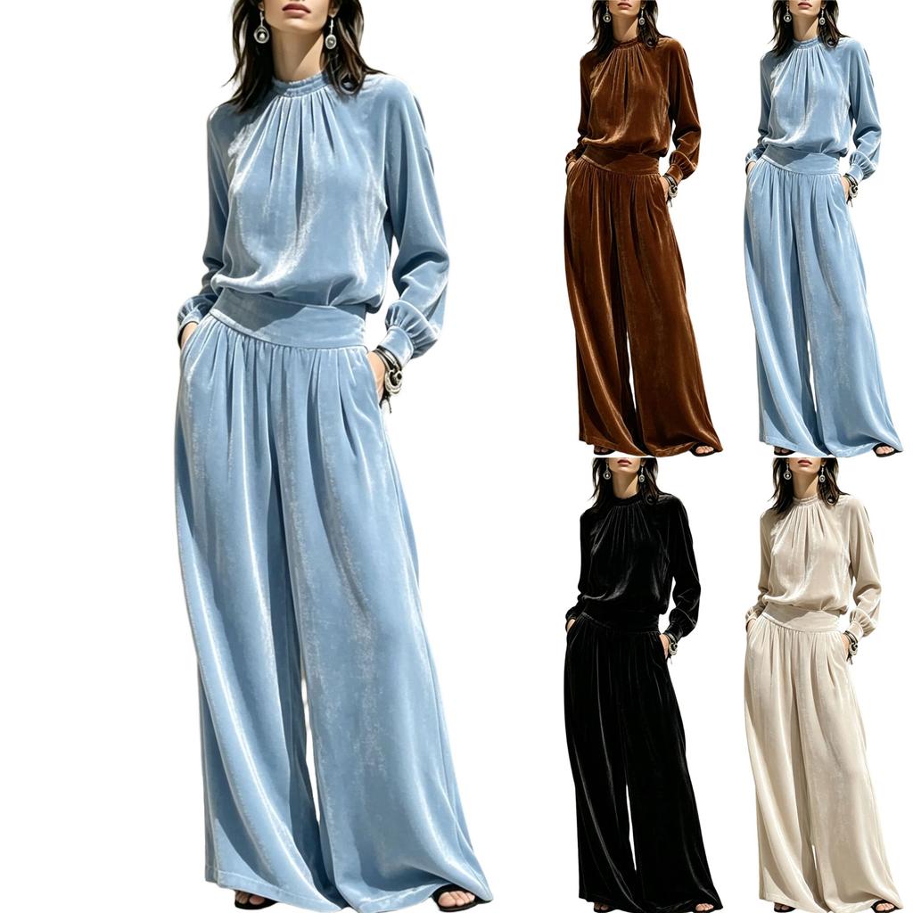Women's Casual Velour Two Piece Outfit with Pleated Top and Wide Leg Pants