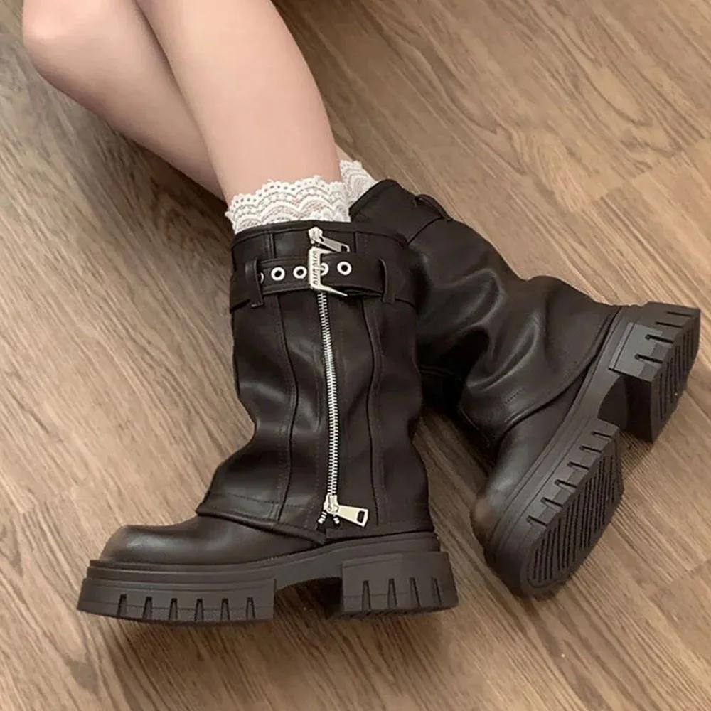 Fashion Brand Desinger Knight Women Mid Calf Boots Chunky High Heeled Platform Punk Motorcycle Long Booties Goth Street Shoes For Women