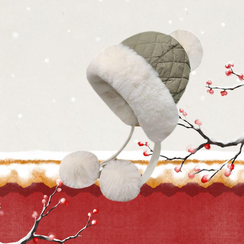 Winter Women's Cute Korean Style Fleece-Lined Thickened Warm Plush Earflap Cold-Resistant Down Cycling Hat