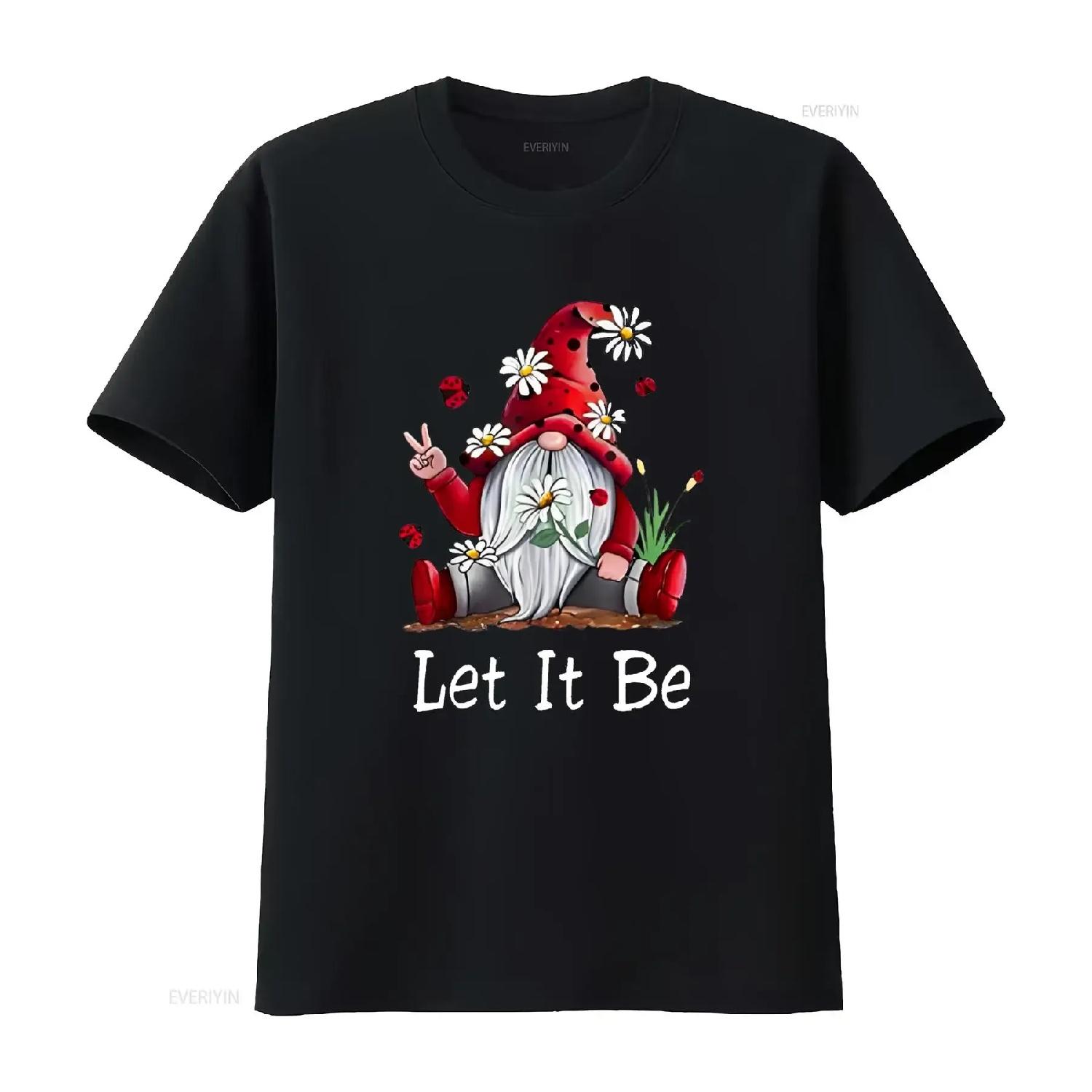 Women Tops Hippie Let It Be Gnome Short Seelve Casual T Shirt vintage Washed Stretched Unisex fashion Breathable S чёрный