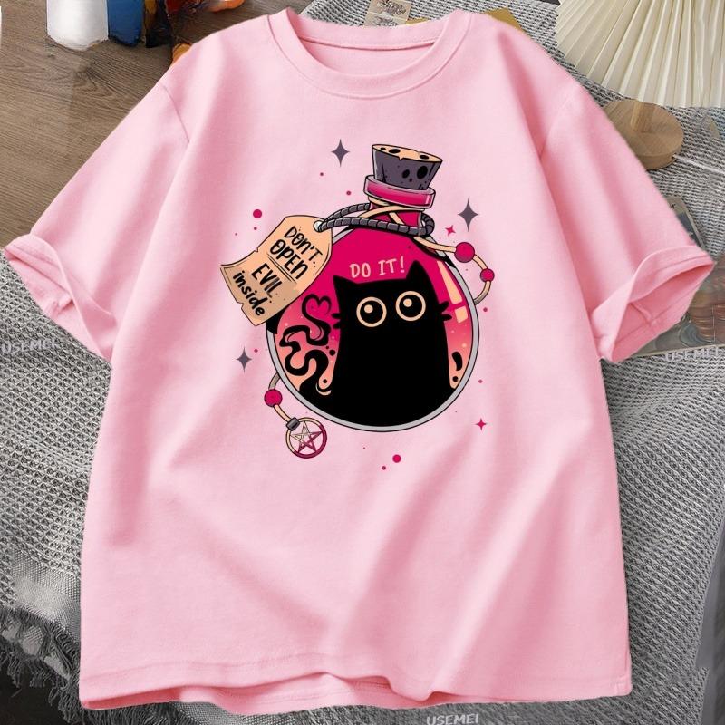Bottled Evil Black Cat Tshirt Trendy Cotton Summer Tshirt Loose ShortSleeved Cat Design Clothes Unisex WOMEN Streetwear Clothes