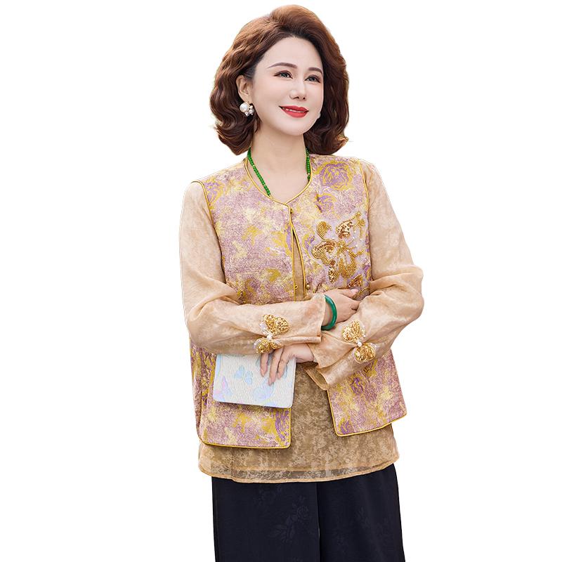 2026 Chinese-Style Embroidered Vest for Middle-Aged & Elderly Women - Elegant, Fashionable Two-Piece Set for Mom
