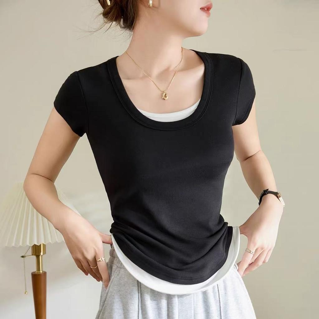 Hangzhou Sijiqing Guangzhou Thirteen Lines Women's Clothing [Contrasting Colors Without Dyeing] T-Shirt Women's Summer Short Sleeves