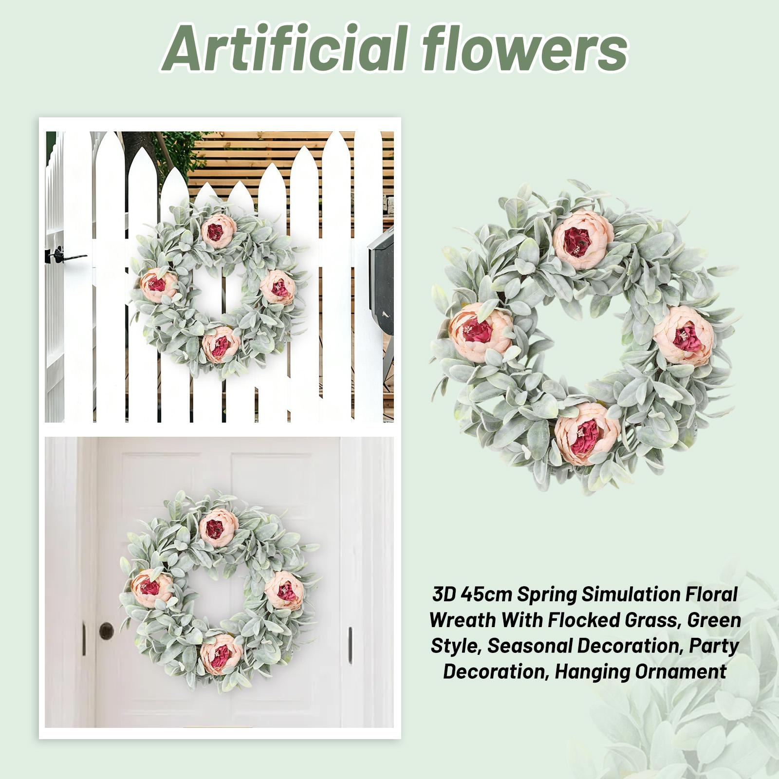 

3D 45cm Spring Simulation Floral Wreath With Flocked Grass, Green , Seasonal Decoration, Party Decoration, Hanging Ornament One Size