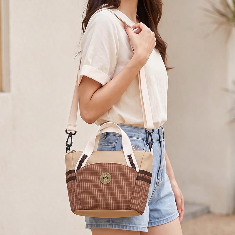 Colorblock Nylon Mini Tote Bag with Grid Pattern Front Pocket Crossbody Casual Small Shoulder Purse for Daily