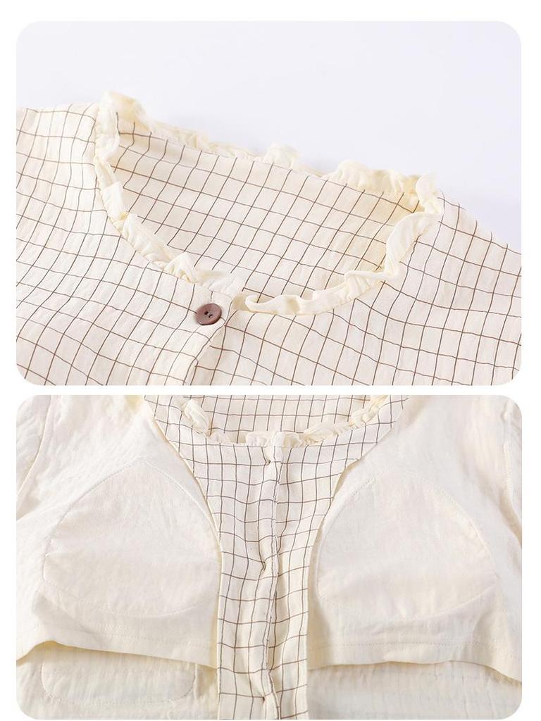 Women's Long-Sleeve Round Neck Pajama Set with Bra Pads, Wearable Outside, Cloud Cotton Loungewear