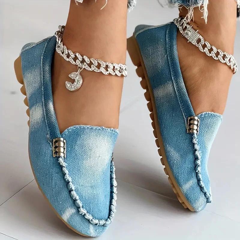 Fashion Women Flats Round Toe Thick Bottom Walking Flat Shoes Women New Casual Denim Shoes Spring  Autumn Vintage Chunky Sneakers Women