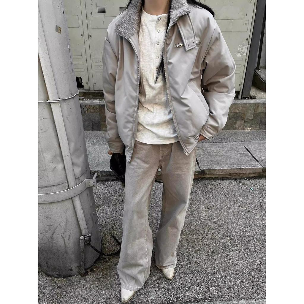 Cement Gray Winter Warm Fur Collar Cotton Harrington Bomber Jacket