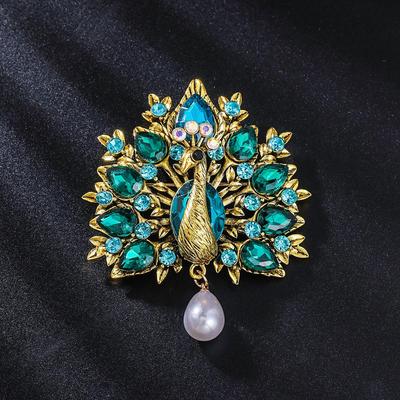 Luxury Retro Peacock Brooch with Glass Rhinestones and Pearls