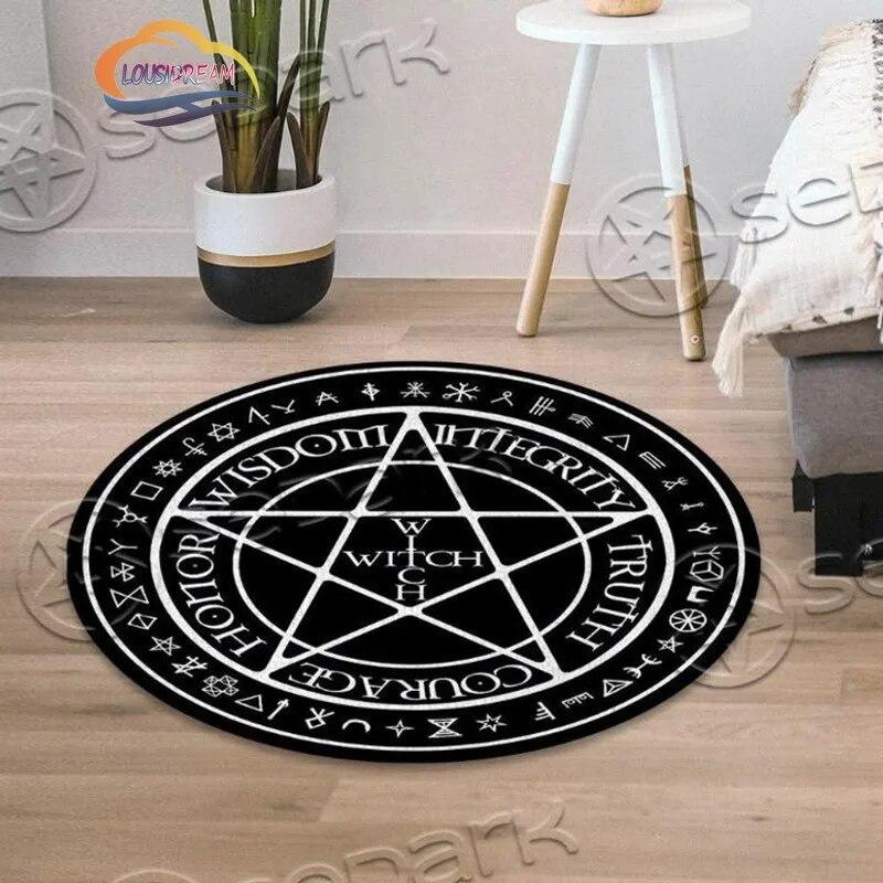 Koberec se symbolem pentagramu, kulatý koberec se vzorem pentagramu, past Satanova ďábla, bílá na černém nadpřirozeném koberci