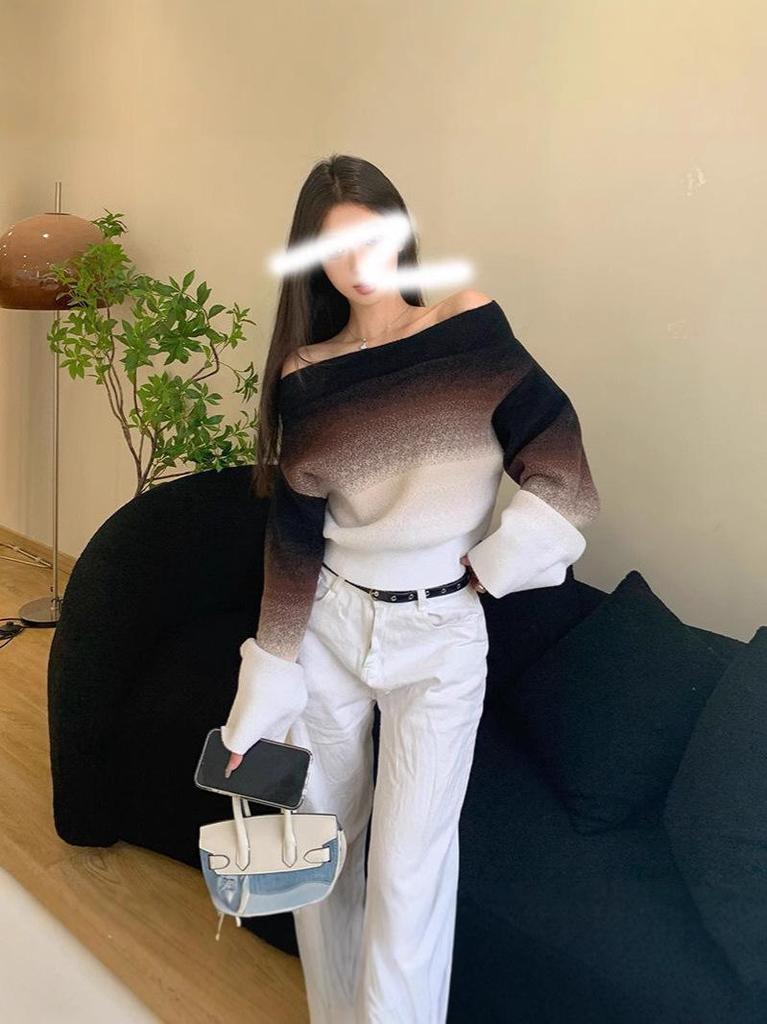 Versatile Gradient One-Shoulder Sweater - Brown/Black or Yellow/Black Color Block