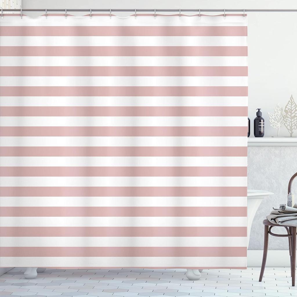 Pink White Striped Shower Curtain Modern Minimalist Design Bathroom Decor Waterproof Fabric Gender Neutral Style Home 150x210