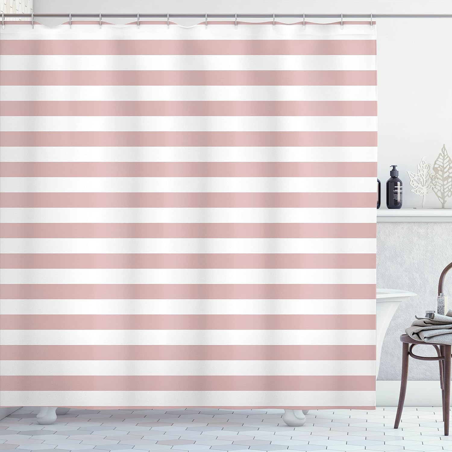 

Pink White Striped Shower Curtain Modern Minimalist Design Bathroom Decor Waterproof Fabric Gender Neutral Style Home 150X210 W60H190(CM)-1 Pcs