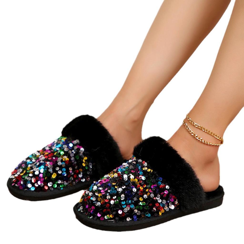 Fashion Shining Sequins Home Fur Slippers Women 2024 Winter Warm Plush Flat Cotton Shoes Woman Indoor Bedroom Soft Sole Fluffy Slippers
