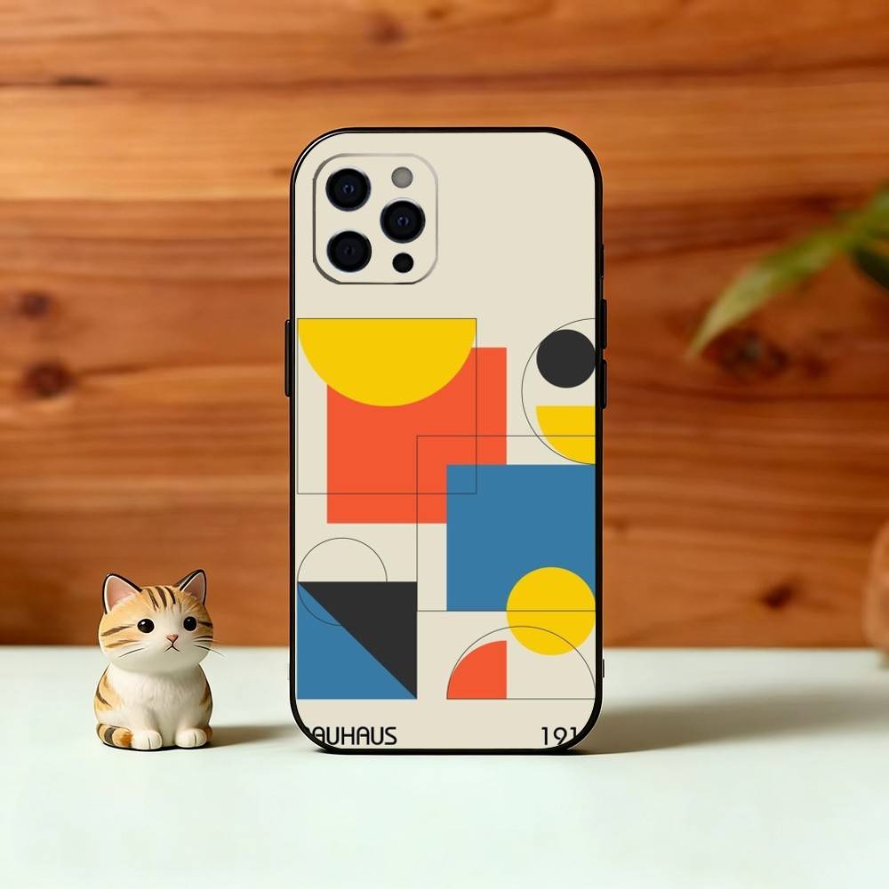 Minimal Bauhaus Pattern Phone Case For iPhone 17,16,15,14,13,12,11 Plus,Pro Max,XS,Soft Silicone Black Cover
