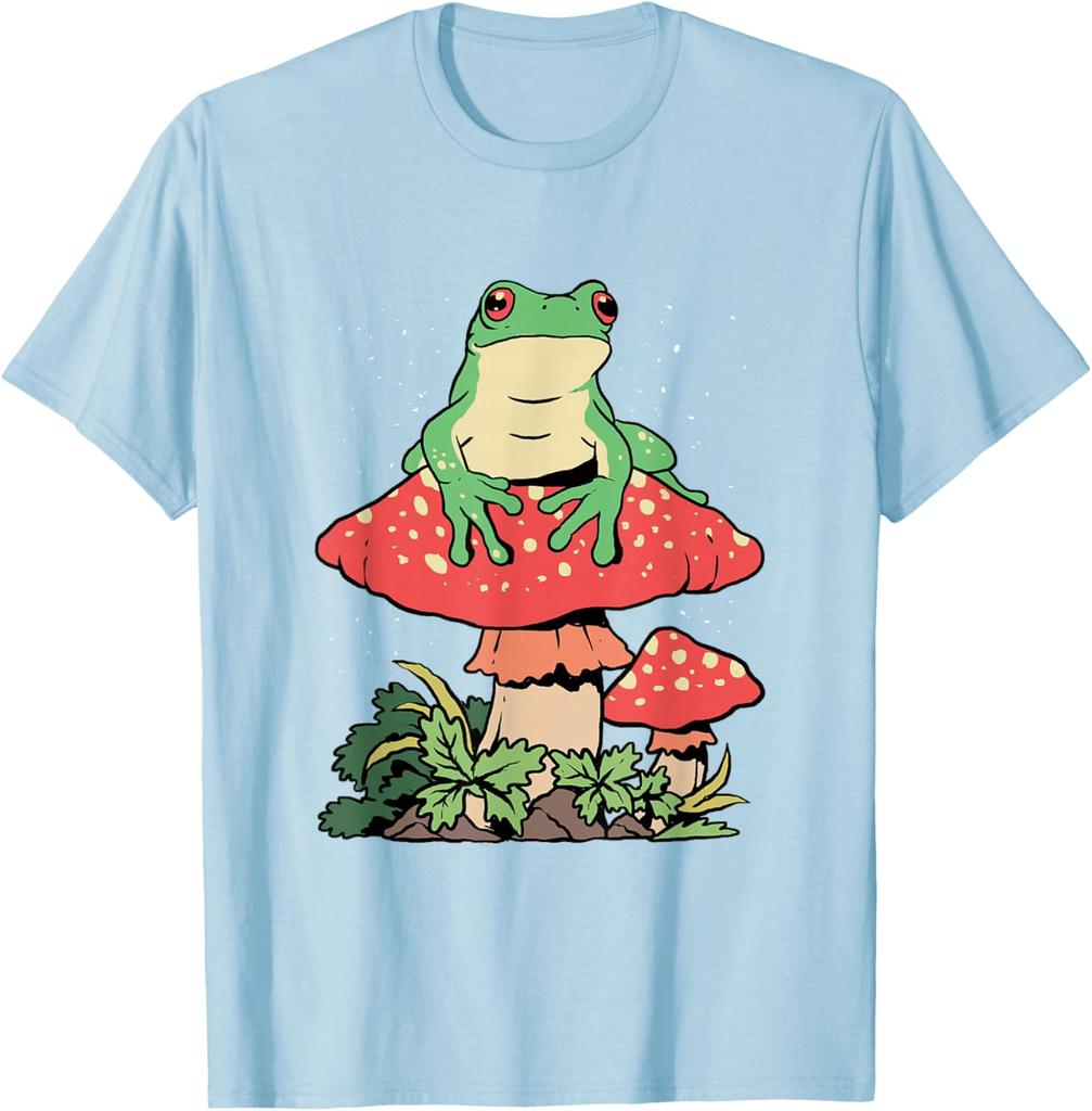 Frog on Mushroom Cottagecore Aesthetic Graphic Tee Men Casual Summer Trip T-Shirt