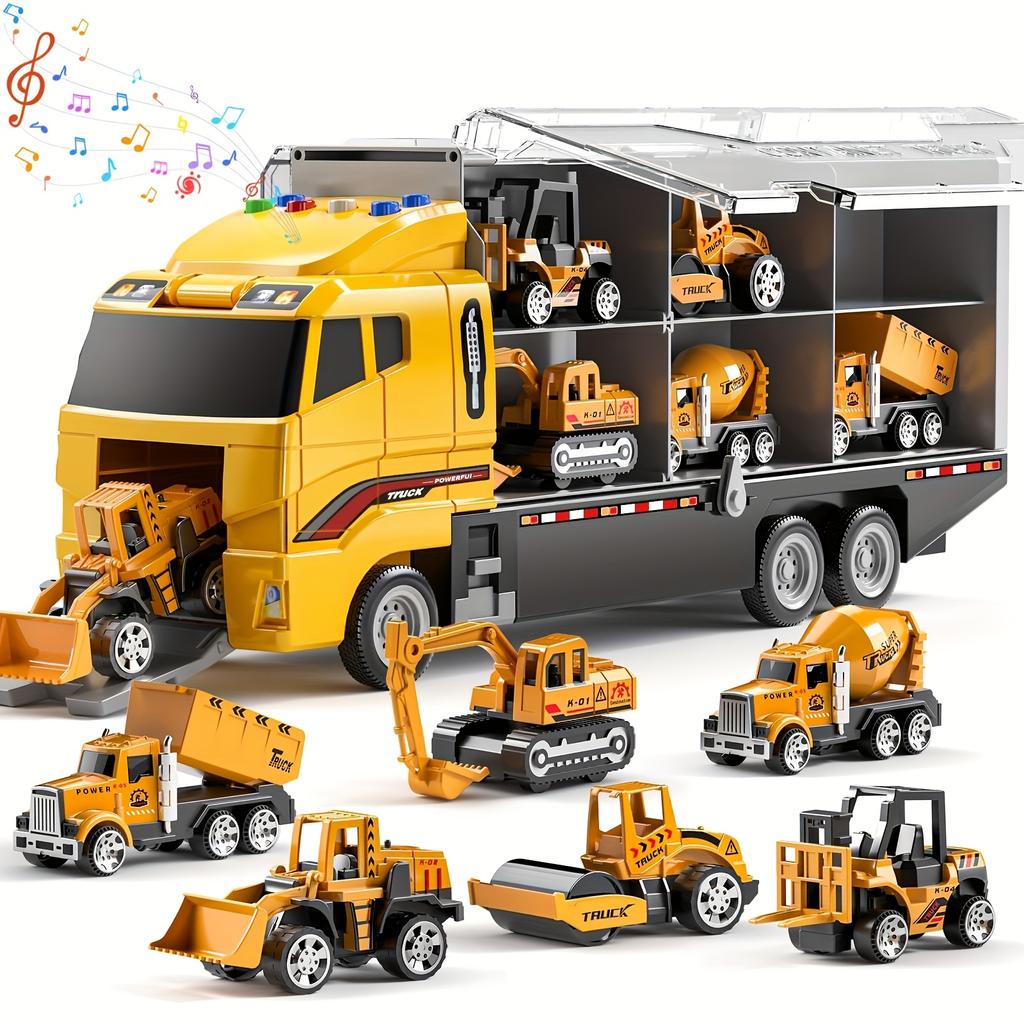 Children's Toy Set with Large Vehicle And 6 Small Cars - Engineering And Fire Truck Toys Combination for Kids