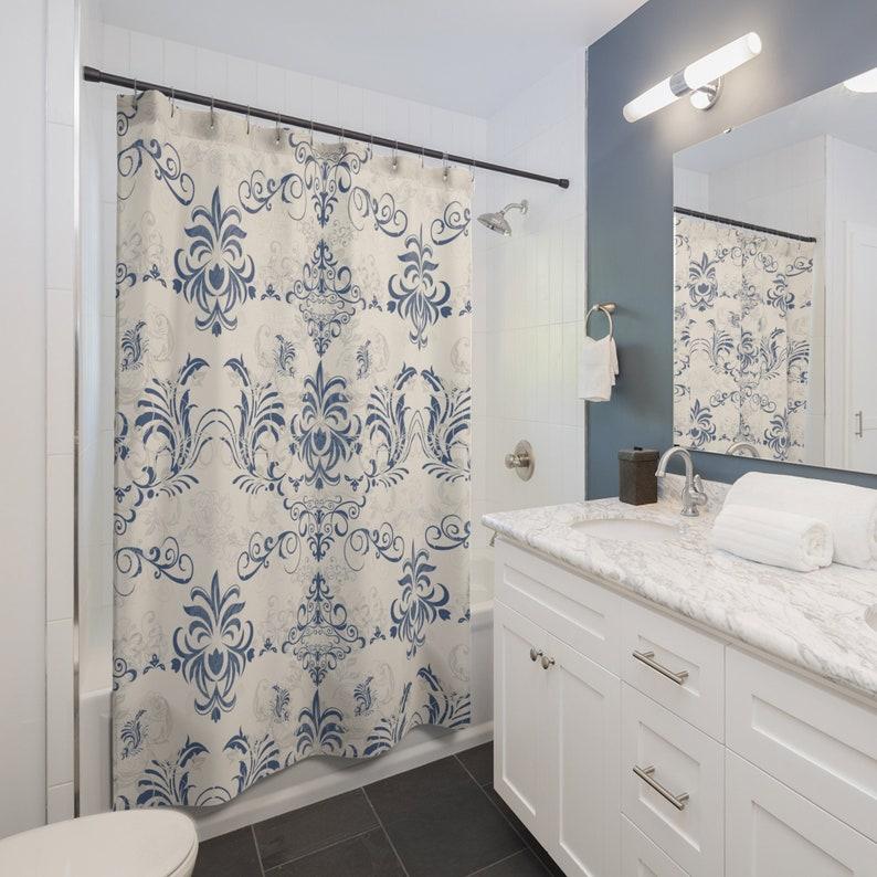 French Country Blue Floral Shower Curtain - Shabby Chic Bathroom Decor, French Farmhouse Style W90xH180cm