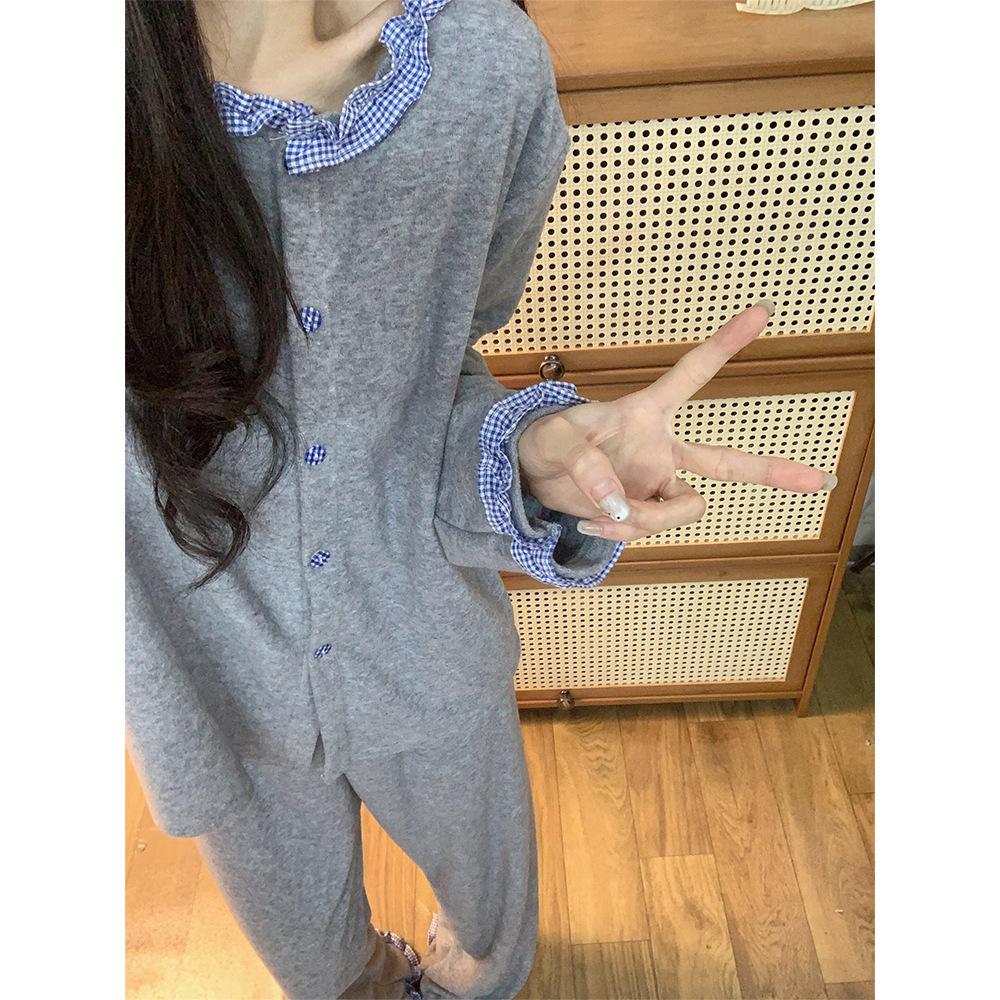 

Korean version of splicing plaid German velvet pajamas women s spring and autumn models, new simple, comfortable and skin-friendly loungewear XXXXL