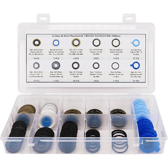 100Pcs 12 Types Metal Rubber Master Oil Drain Plug Gasket Assortment Kit Replace 097-021, 097-025, 097-035, 55196309, 097-116, 097-119, 097-115,