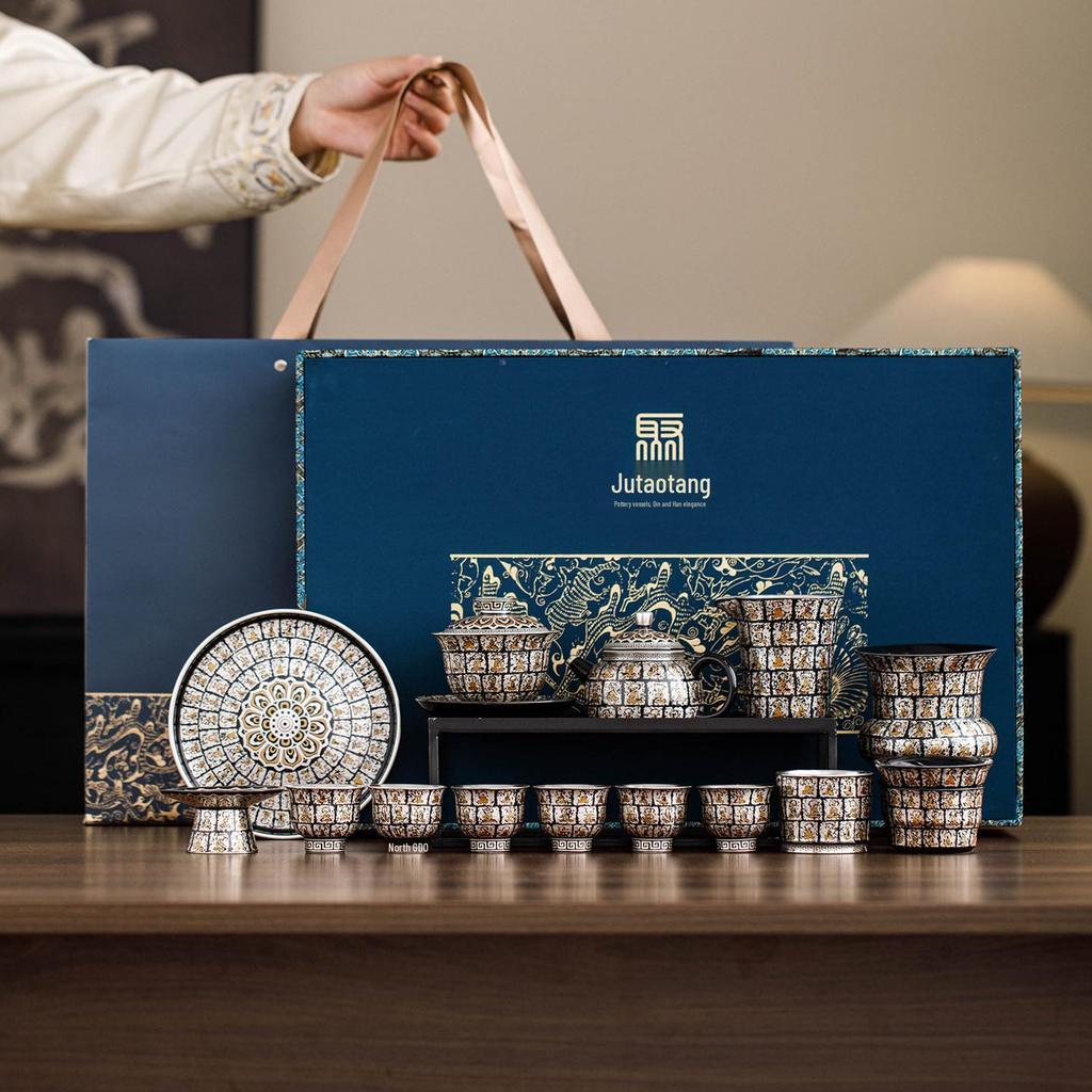 Sterling Silver Dunhuang Ten Thousand Buddhas Tea Set: Luxury Gift Box for New Year, Birthdays & Elders