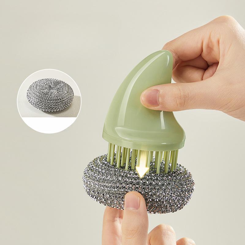 Kitchen, Non Damaging Pot, with Handle, Steel Wire Ball Cleaning Brush, Dishwashing and Pot Washing Brush, Non Greasy, Long Handled Brush