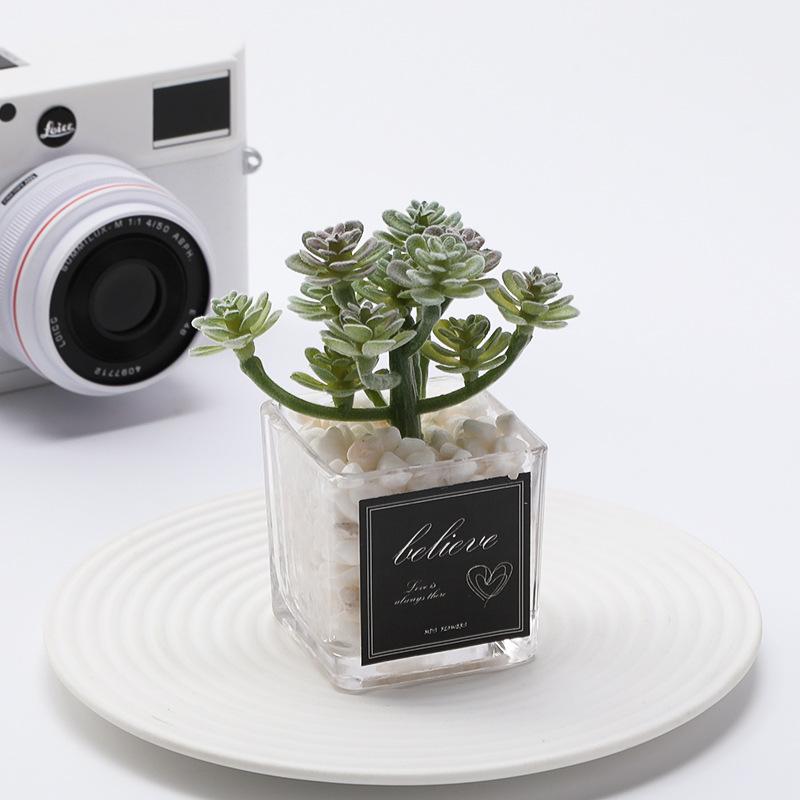 1 PC Simulation Mini Glass Flocked Succulent Potted Planter, Home Living Room Desk Office Ornament, Holiday Gift