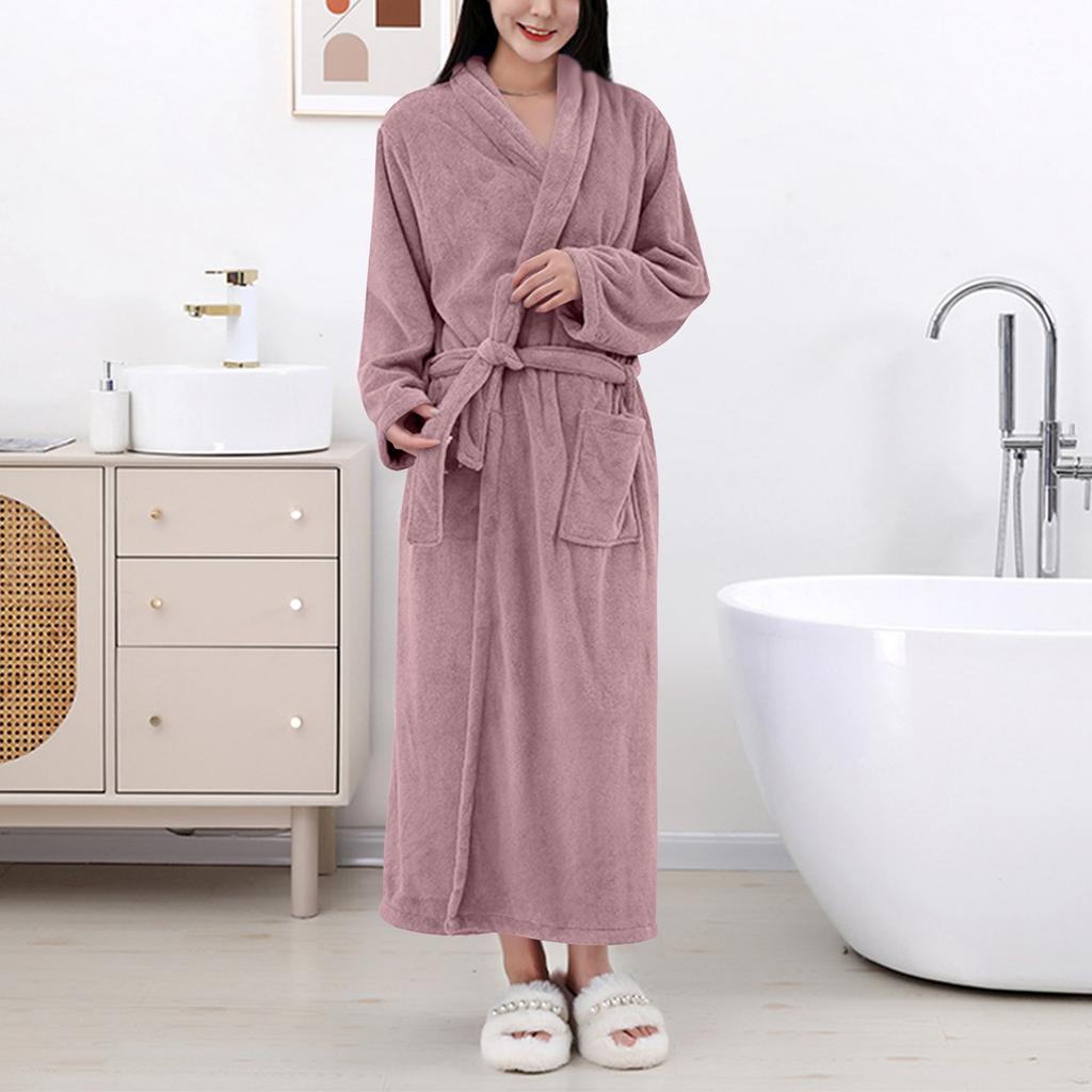 Women's Solid Color Long Sleeve Winter Warm Bathrobe Home Wear Plush Pajamas Nightgown