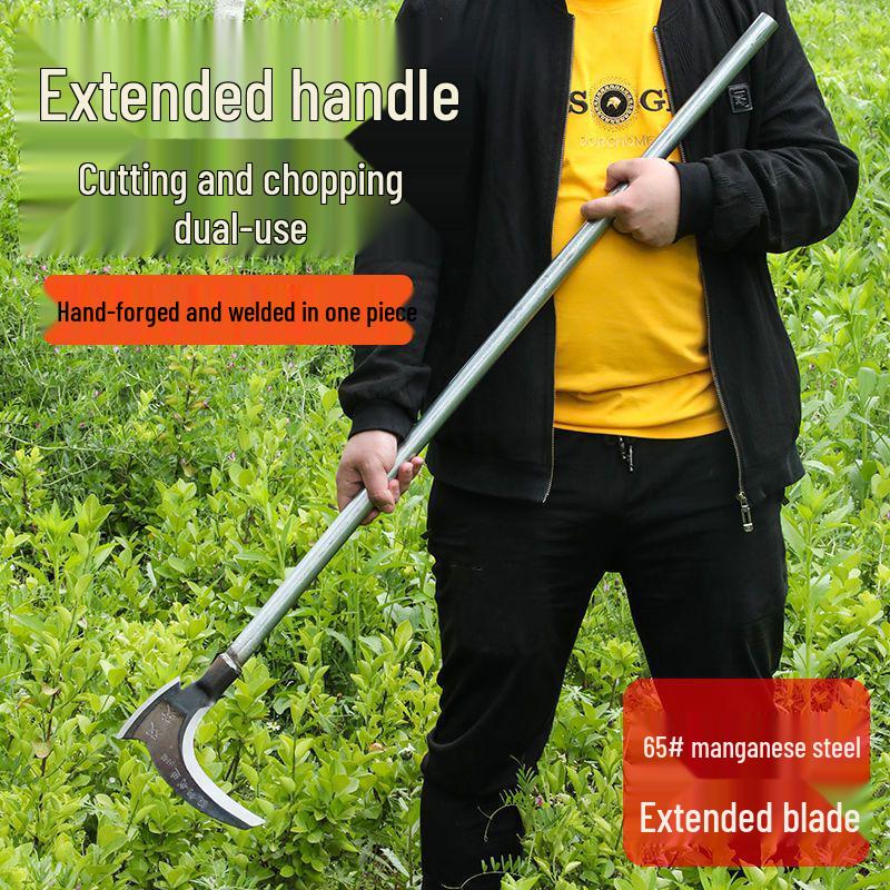 High Manganese Steel Long Handle Double-Edged Scythe for Grass Cutting, Bushcraft, Fishing, Outdoor, and Agricultural Use