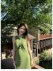 Elegant French Green Sleeveless Summer Dress: Mori Girl Style with Waist-Cinching Bell-Shaped Skirt