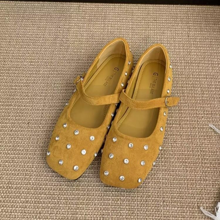 

2025 spring new rhinestone square head ballet flat-soled single shoes fashionable versatile foreign casual single shoes one-word buckle 40