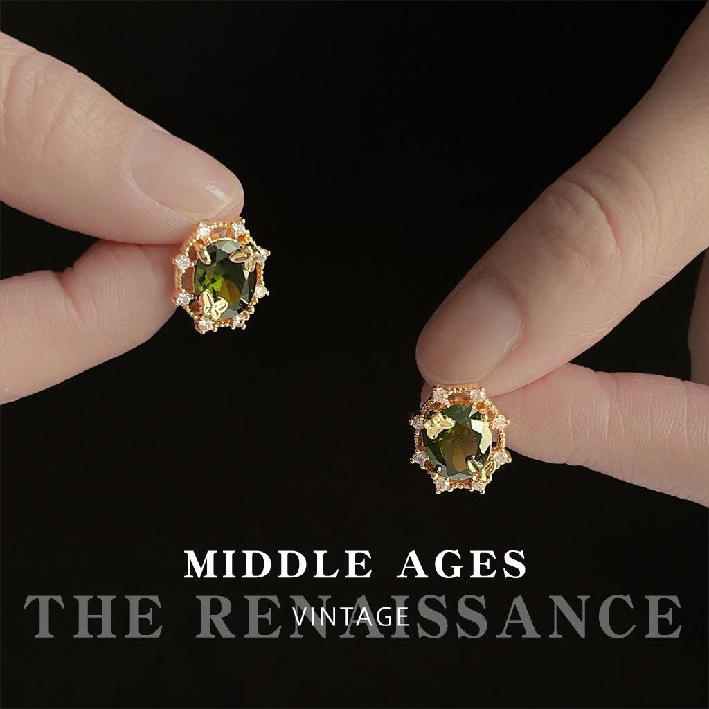 Light French Olive Green Zircon Stud Earrings Vintage Court Butterfly Earrings Earrings