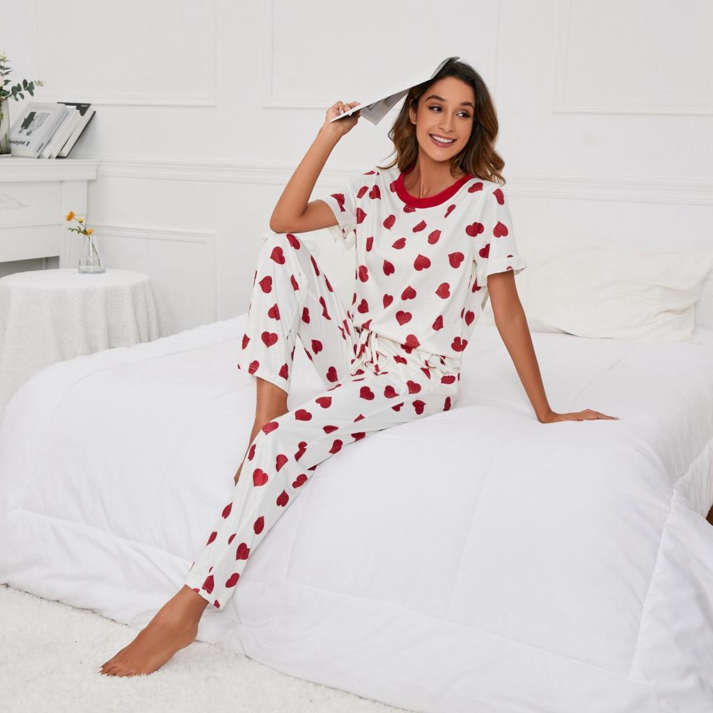 Plus Size Women's Summer Love Printed Round Neck T Shirt Casual Home Wear Set