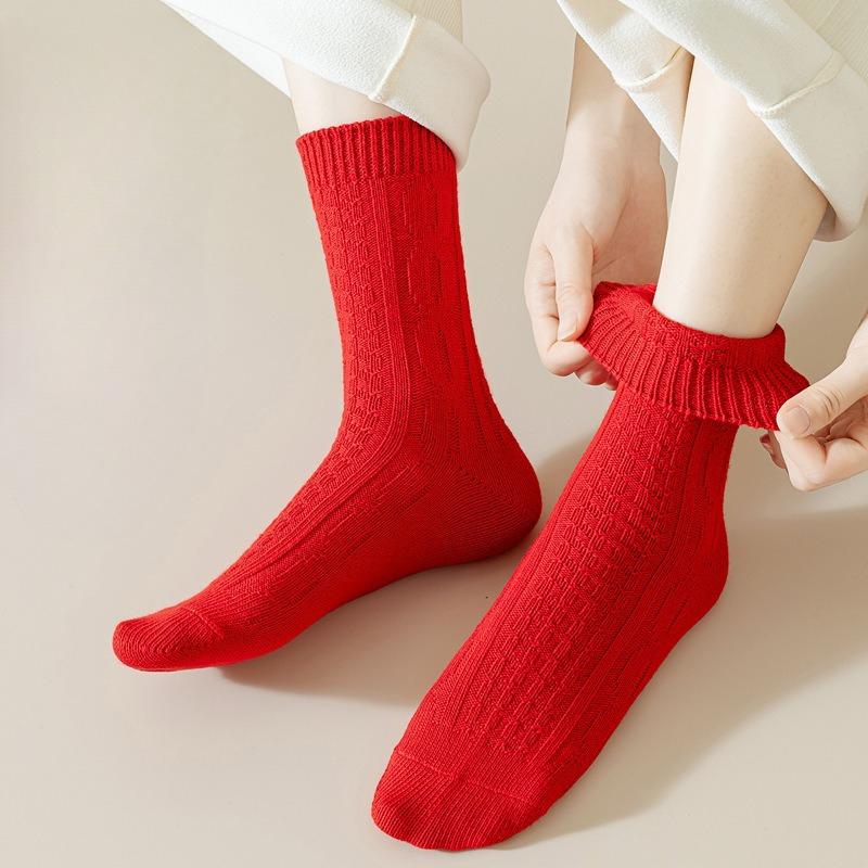 Winter Pure Cotton Bright Red Socks, Mid-calf Socks, Couple Socks, Boneless Pile Socks