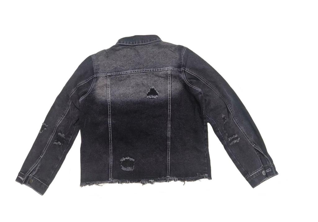Smoke Gray Long Sleeve Women's Denim Jacket with Ripped Gray-White Frayed Hem