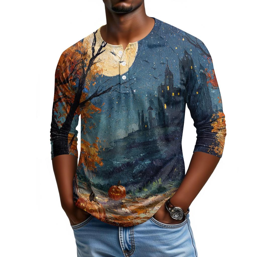 Men Casual Halloween Print Henley Shirt Raglan Three Quarter Sleeve Top Lightweight Comfortable Fabric