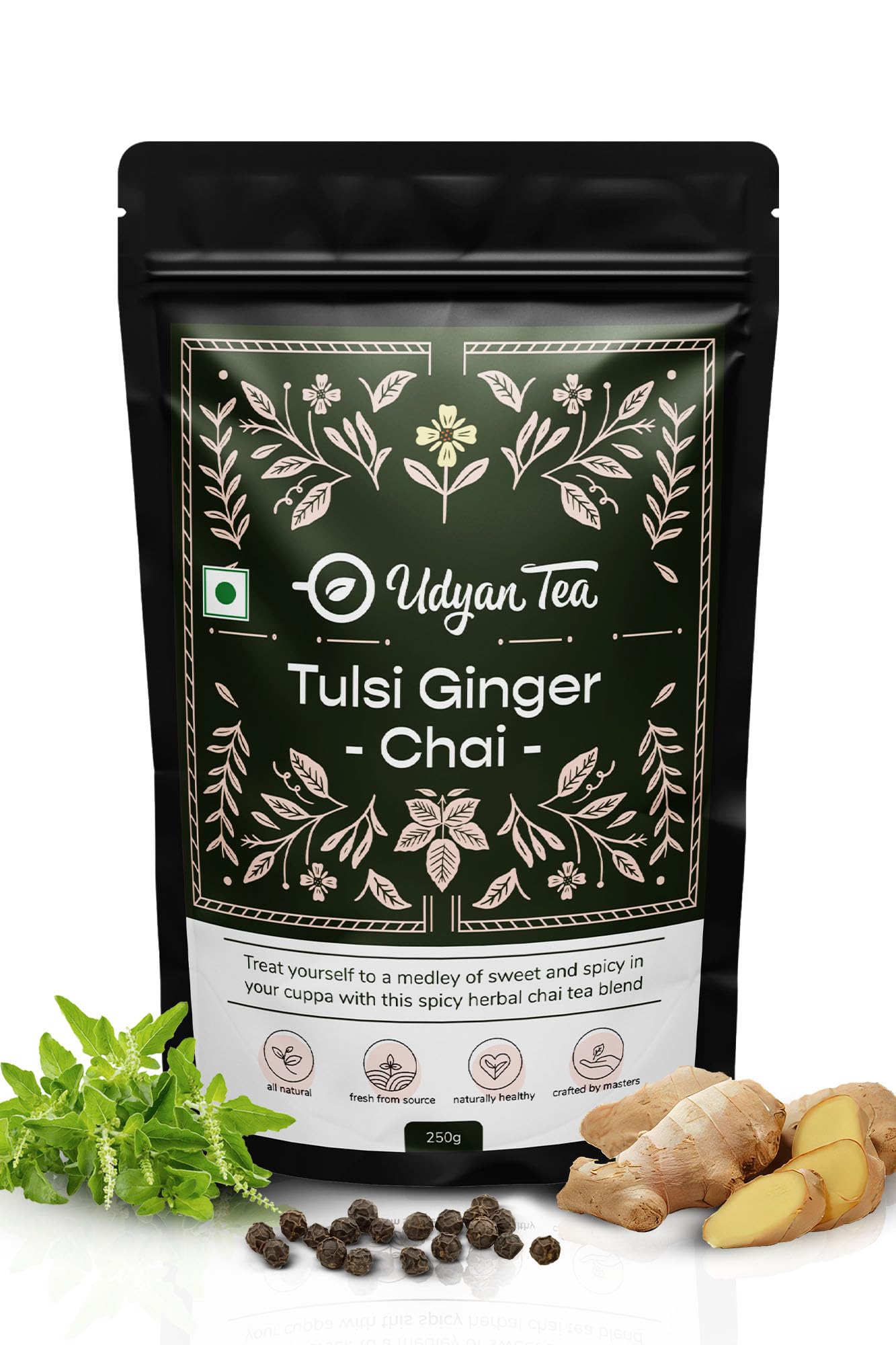Udyan Tea Tulsi Ginger Chai, 250 Gram|Immunity-Boosting Ctc Black Tea With Tulsi, Ginger & Black Pepper|Ayurvedic Healing Blend For Cold &