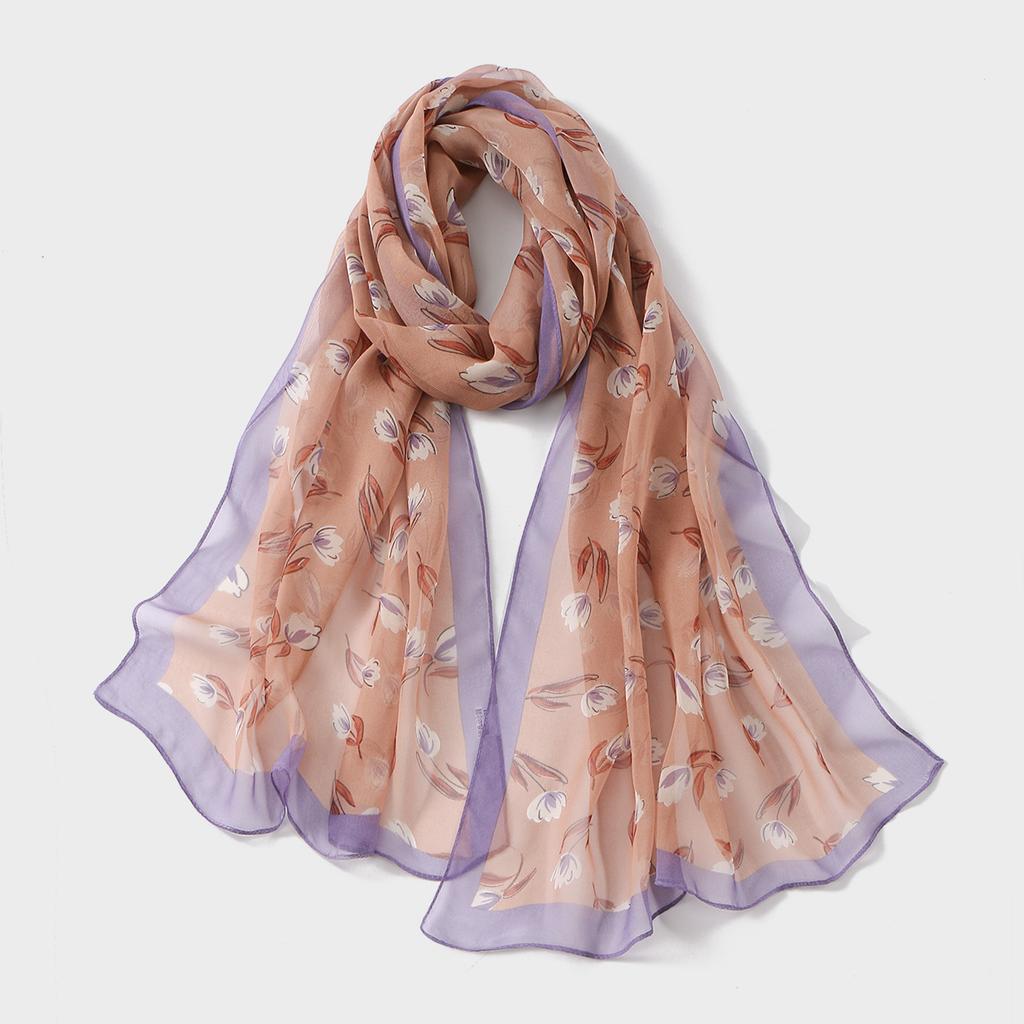 Woman Floral Printed Chiffon Silk Scarf Spring Summer Shawl Light Thin Scarves Sun Protection Wrap Ladies Beach Headband