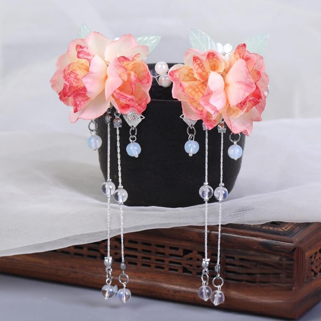 1 Pair Vintage Hair Clips For Women Chinese Style Gauze Flower Tassel Hairpins Handmade Elegant Hanfu Floral Hair Accessories
