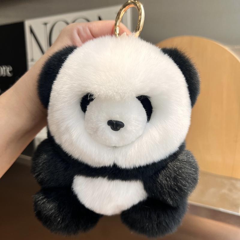 

Natural Real Rabbit Fur Keychain Plush Panda Pendant Car Key Rings Rear View Mirror Ornaments Women Bag Charm T білий