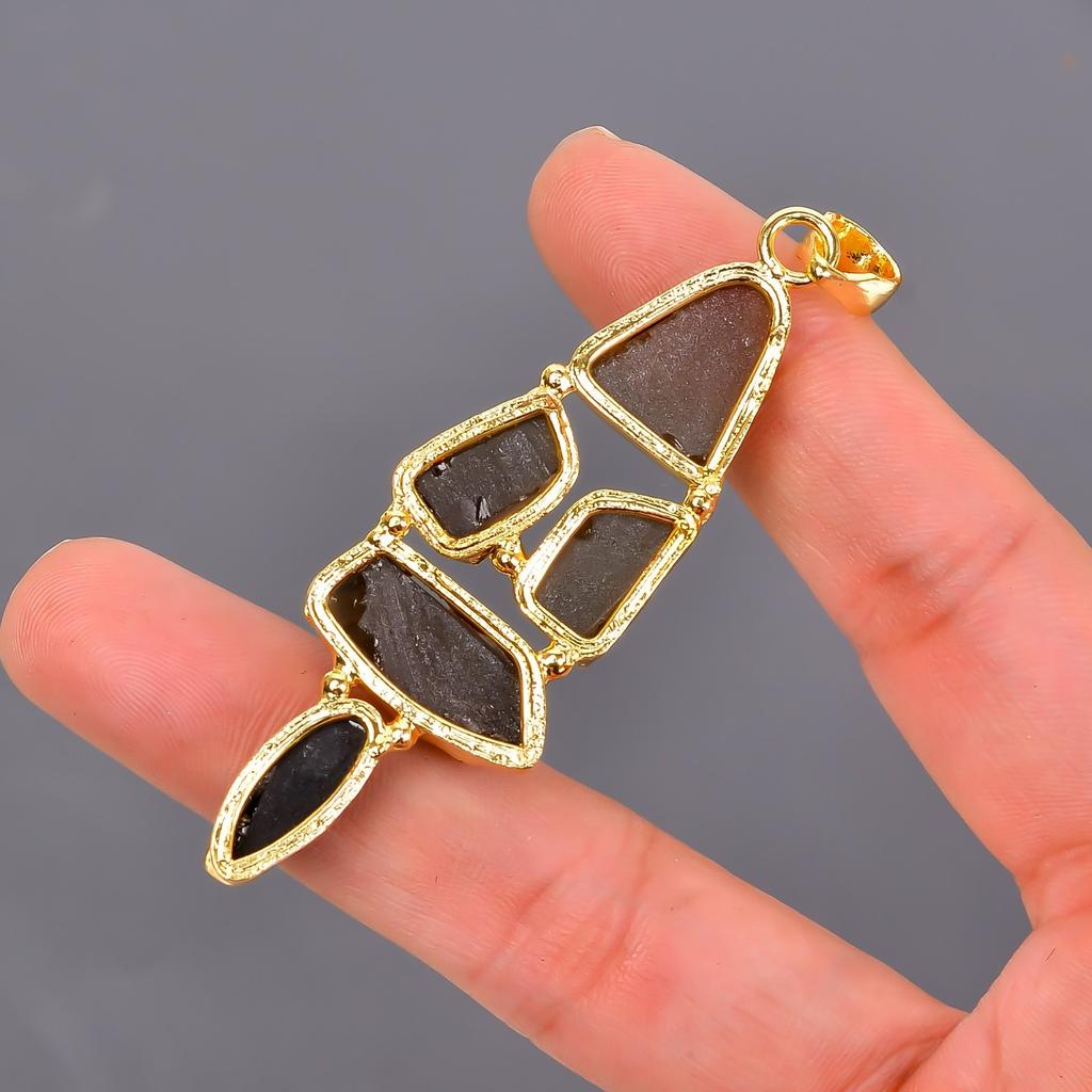 Fancy Natural Smoky Quartz Gold Finish Anniversary Electroformed Pendant Jewelry V-117