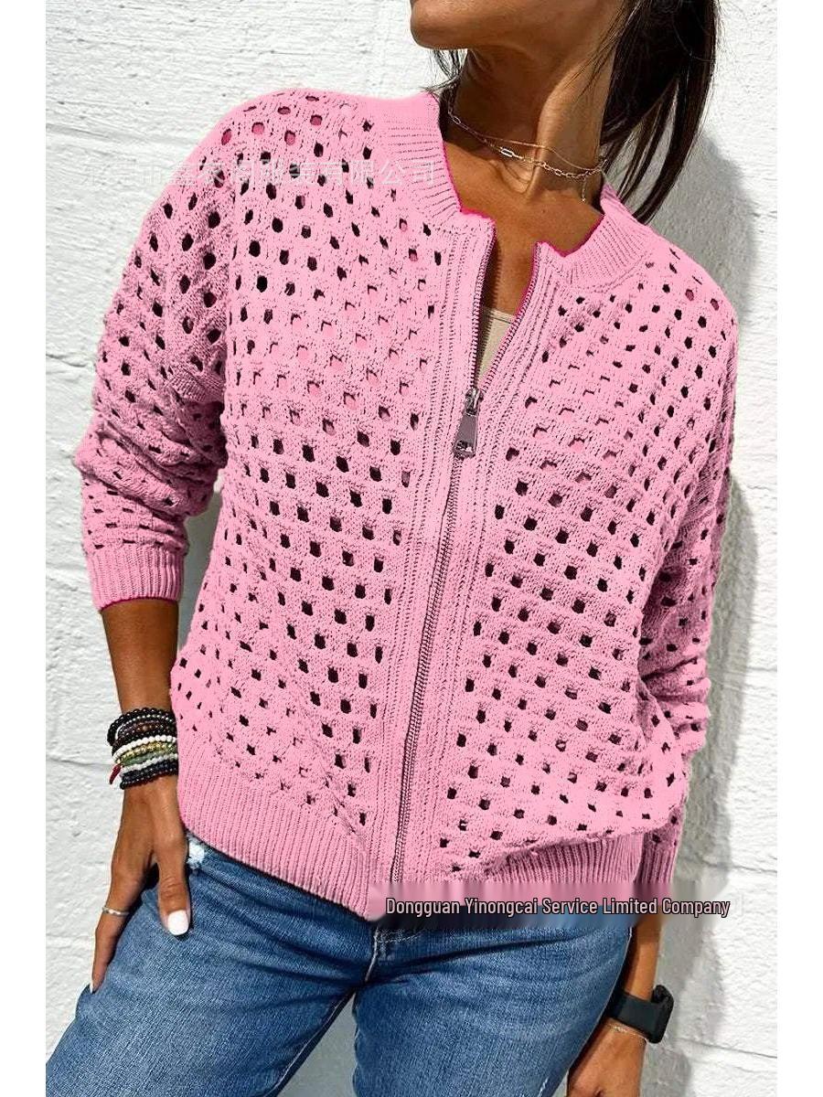 

Женская повседневная вязаная ажурная куртка на молнии 2025 года - Европейский и американский стиль XS