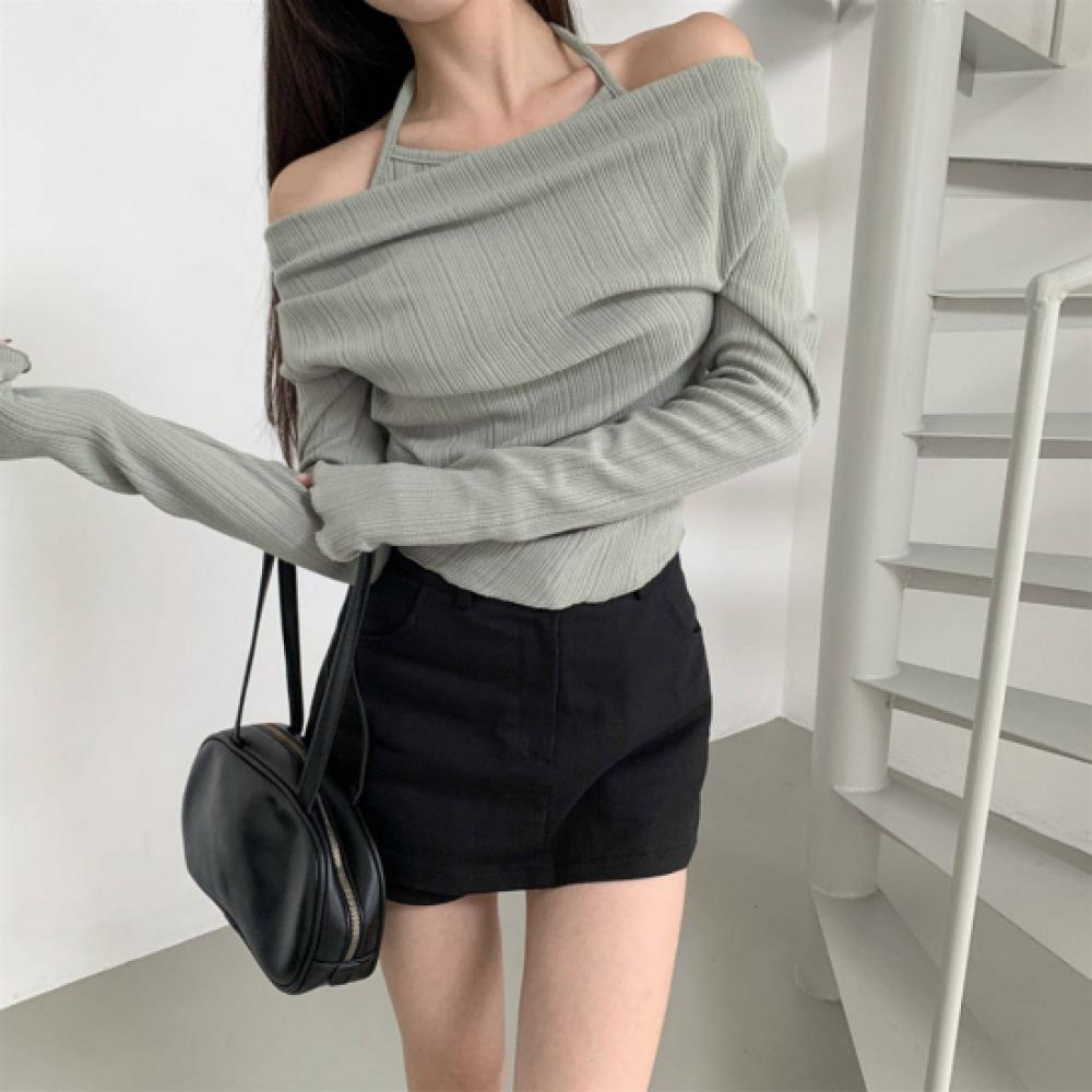 New Arrivals Open Run Women Hip Mood Stripe Halterneck Off Shoulder Long Sleeve