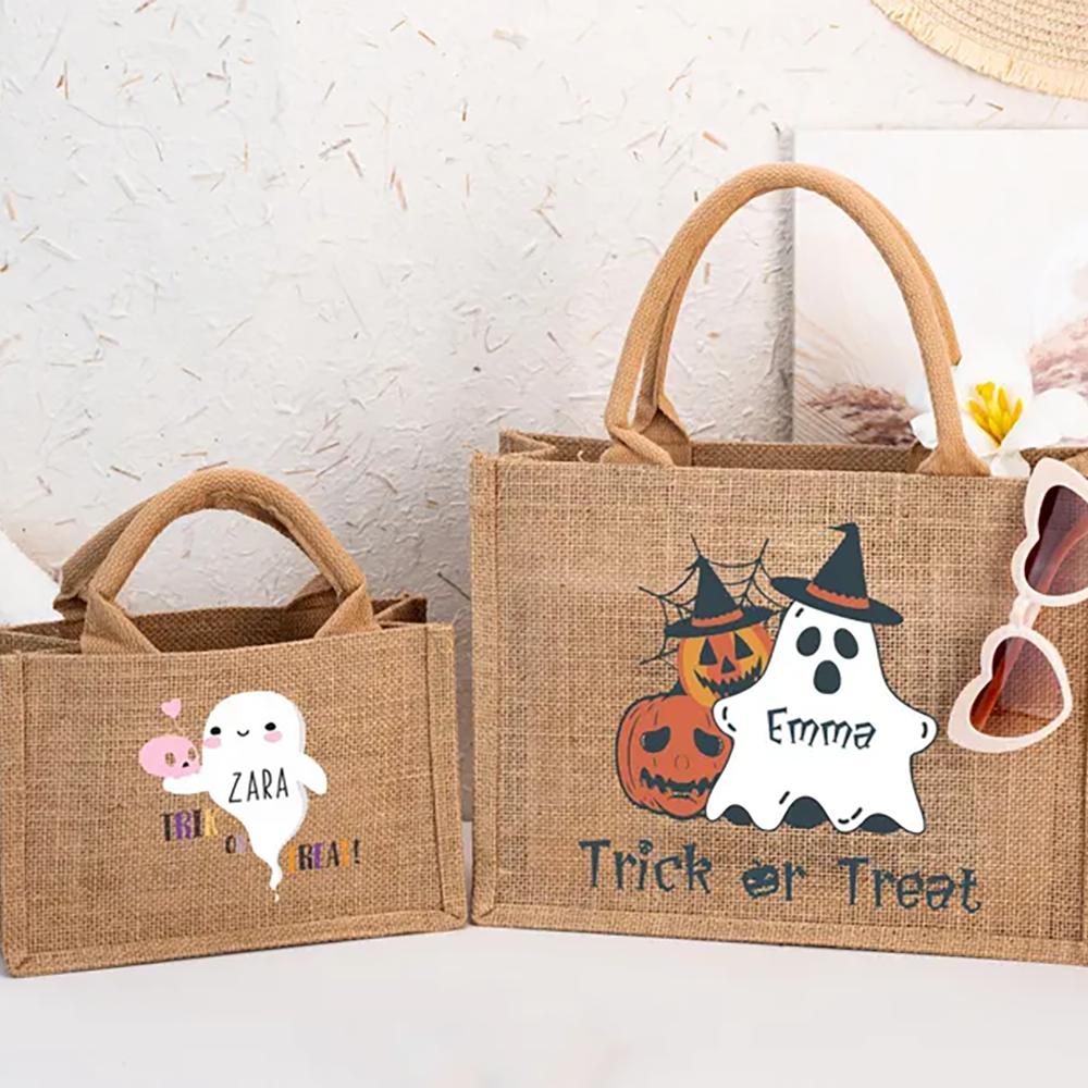 Personalised Trick or Treat Tote Bag Custom Name Halloween Kids Candy Bag Pumpkin Ghost Kids Reusable Bags Halloween Party Decor