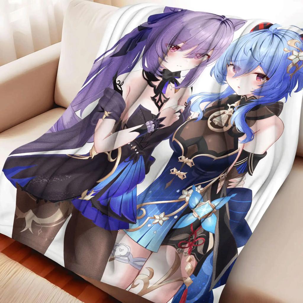 Cartoon Genshin Impact Keqing Flannel Blanket Cover Warmth Soft Anime Blanket Multifunctional Decor Home Universal Blankets