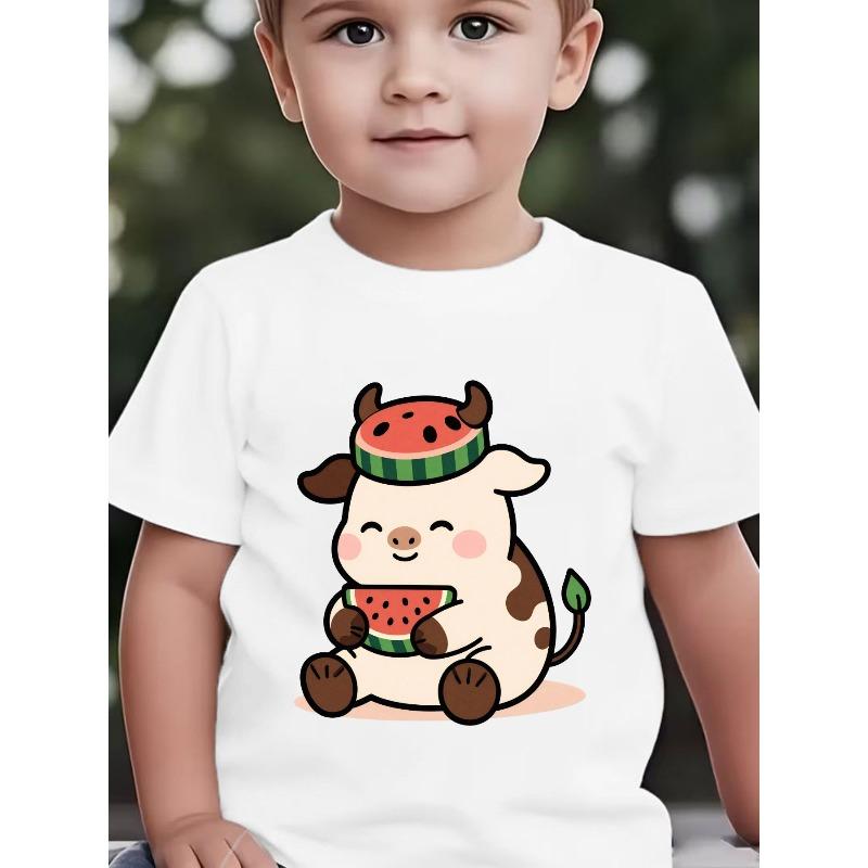 European Sizes Boys' Short-Sleeve Summer New Arrival Cartoon Cow Eating Watermelon Cute Baby Print Top, Children's Casual Short-Sleeve T-Shirt